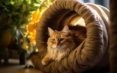 Un chat endormi paisiblement dans un "Lit pour Chat" douillet et simple, offrant un refuge confortable pour le repos félin