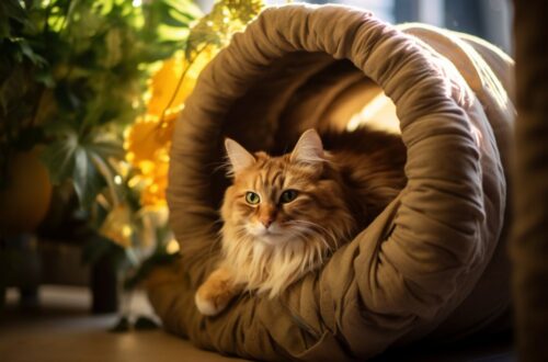 Un chat endormi paisiblement dans un "Lit pour Chat" douillet et simple, offrant un refuge confortable pour le repos félin
