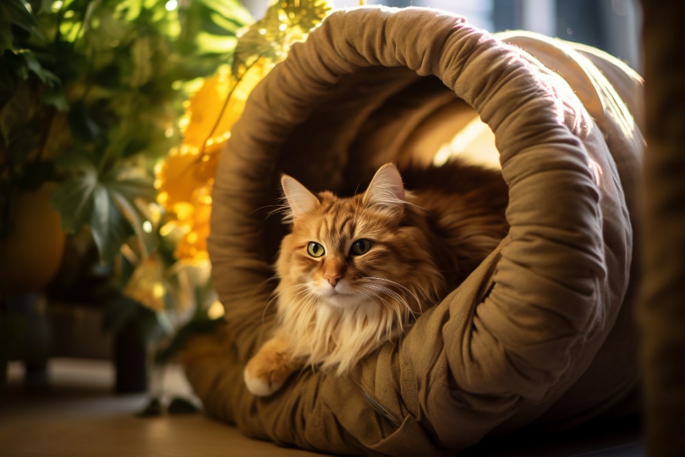 Un chat endormi paisiblement dans un "Lit pour Chat" douillet et simple, offrant un refuge confortable pour le repos félin