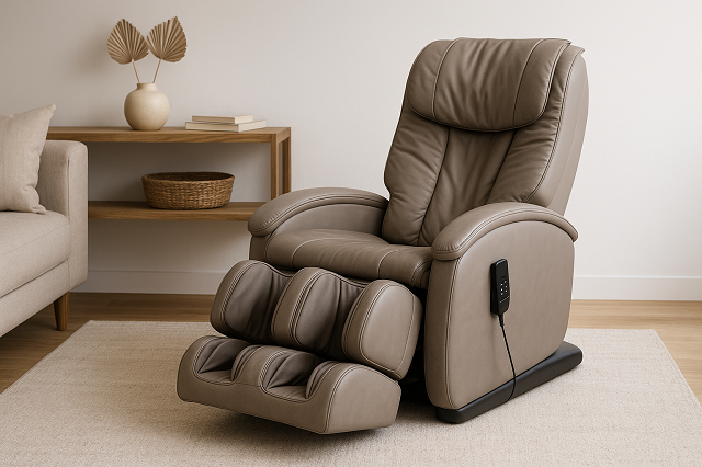 Fauteuil massant moderne dans un salon lumineux avec décor cocooning et plante verte