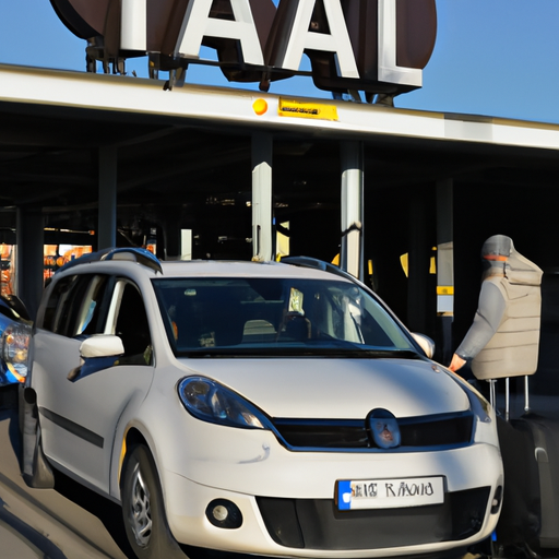 Scène en journée montrant un taxi moderne et propre devant l'entrée de la gare Marne-la-Vallée Chessy, famille avec bagages et poussette montant dans le véhicule, panneaux Disneyland Paris