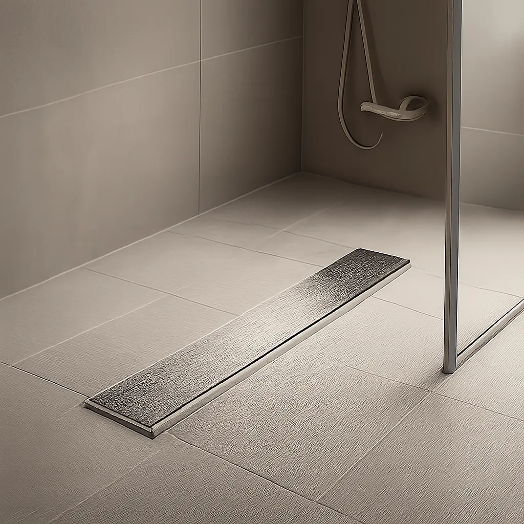 Illustration d’un siphon de douche moderne dans une douche à l’italienne, mettant en avant une évacuation propre et discrète. L’image évoque la fiabilité, la facilité d’entretien et la maîtrise des odeurs.