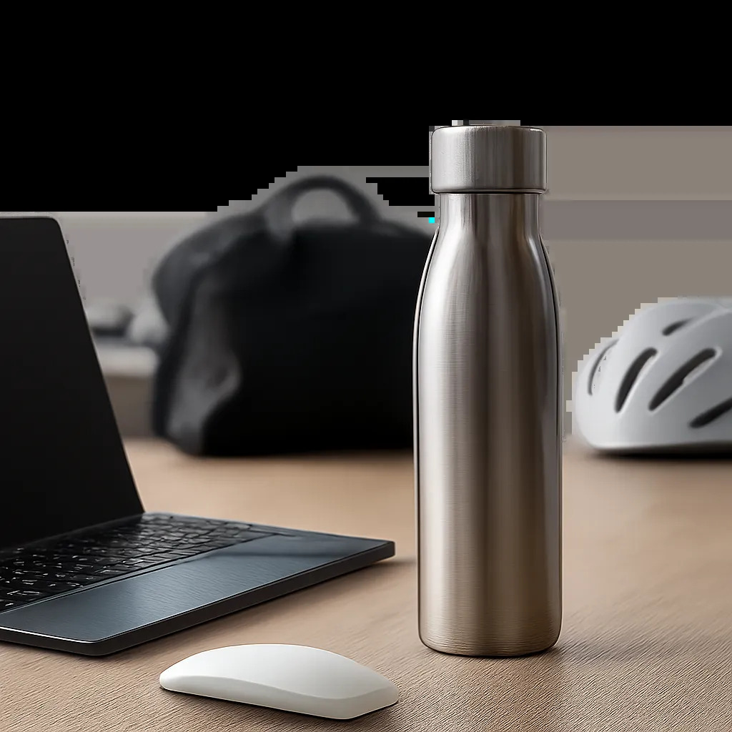 Une bouteille en inox premium mise en scène dans un univers bureau moderne, avec une ambiance propre et fonctionnelle. L’image évoque l’usage quotidien, le sport et les déplacements sans surcharge visuelle.