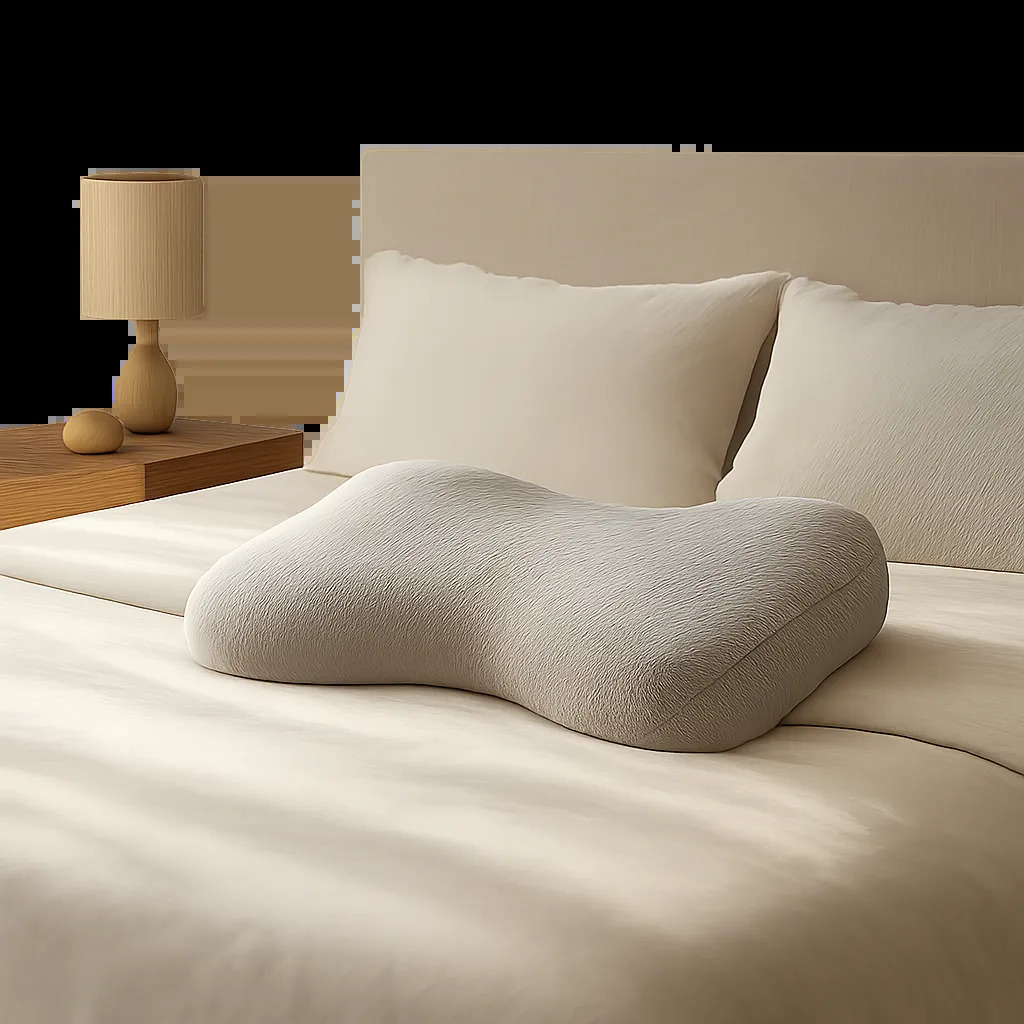 Mise en scène d’un oreiller ergonomique dans une chambre élégante et apaisante. L’image évoque le maintien cervical, le confort premium et la récupération nocturne.