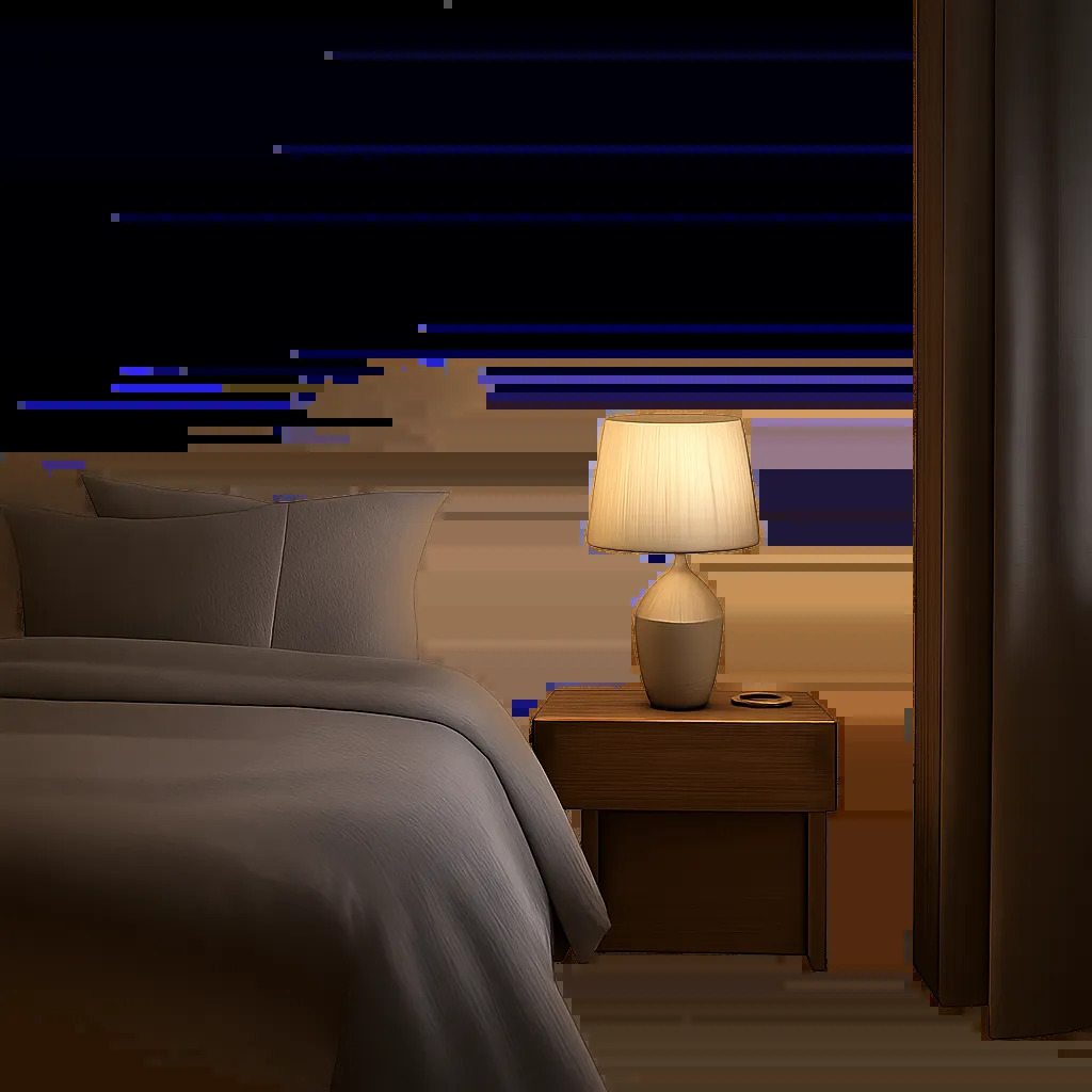 Une lampe de chevet au design sobre diffuse une lumière douce près du lit. L’image illustre une chambre premium pensée pour la lecture, la détente et la transition vers le sommeil.