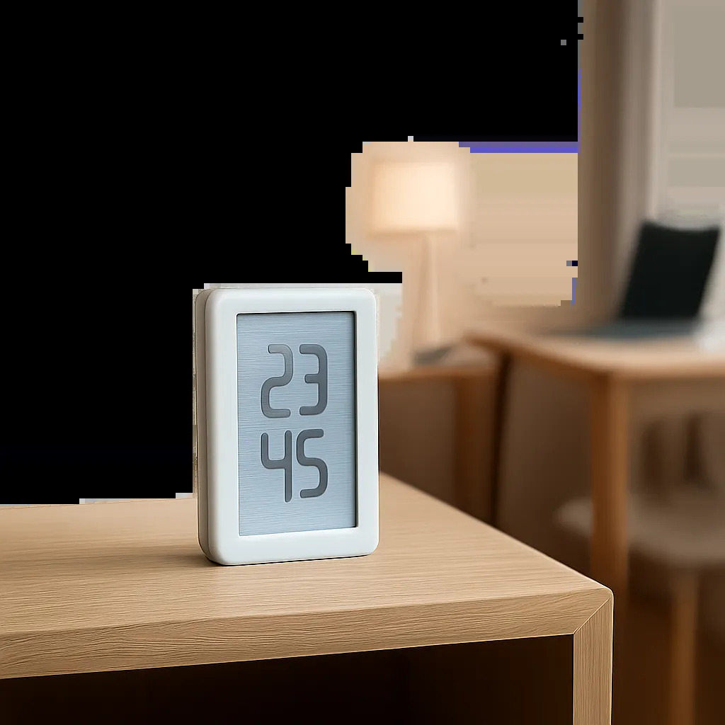 Un thermomètre d’intérieur design posé dans une pièce contemporaine pour illustrer la maîtrise du confort thermique. L’image évoque la lisibilité, la précision et l’usage quotidien dans un espace de vie ou de travail.
