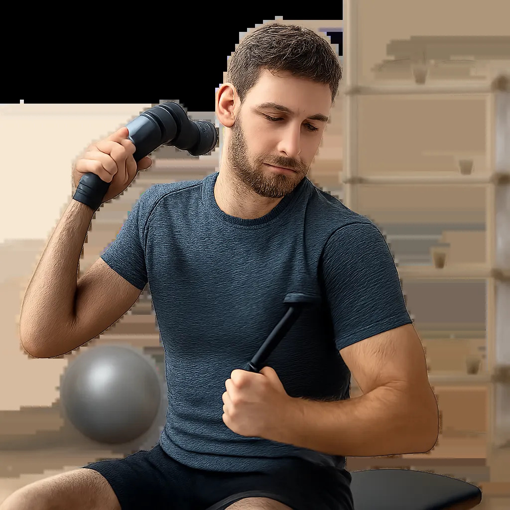 Visuel moderne illustrant les outils de massage musculaire après l’effort. L’image met en avant une récupération active, crédible et premium, sans effet gadget.