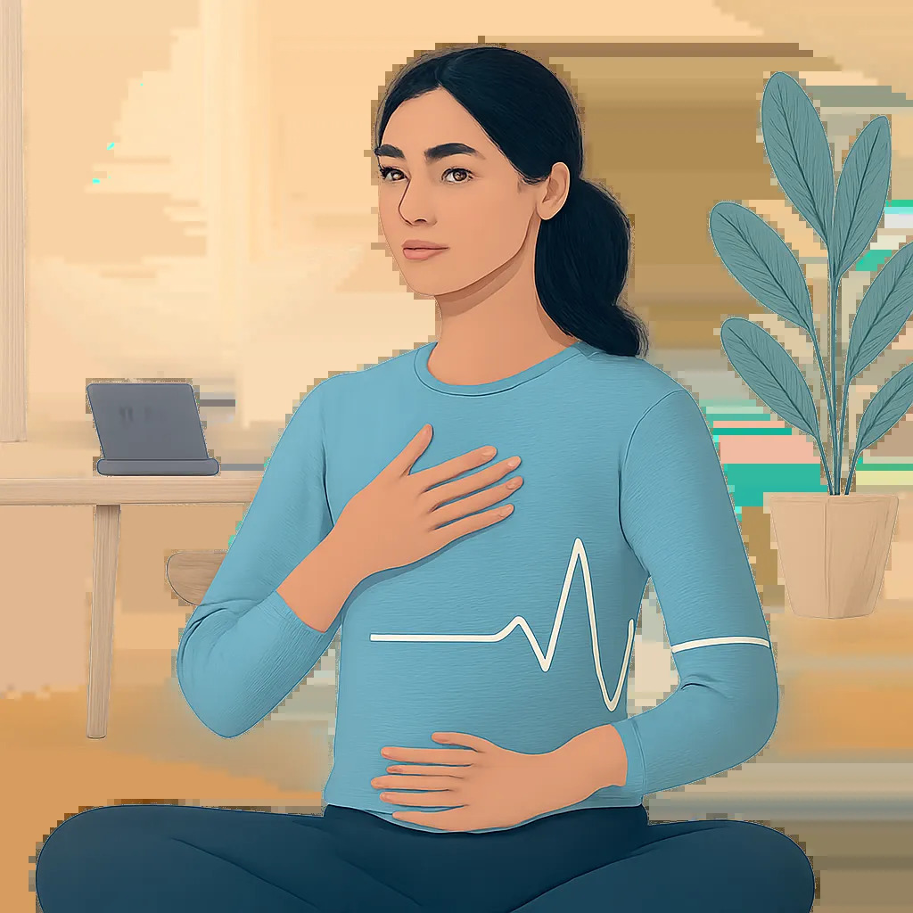 Une illustration moderne montrant une pratique simple de respiration pour apaiser le stress et soutenir la récupération active. L’ambiance doit évoquer le calme, l’énergie retrouvée et le bien-être au quotidien.