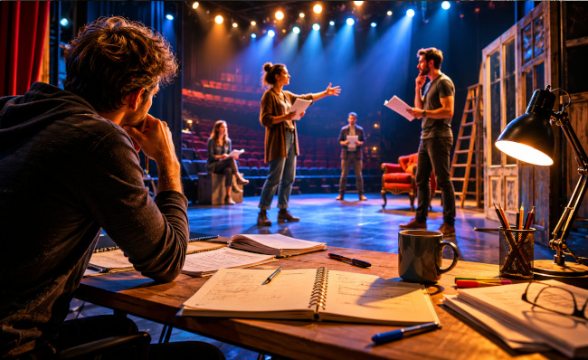 Répétition d'un spectacle vivant sur une scène de théâtre avec des artistes en pleine préparation, un metteur en scène observant la représentation, des scripts ouverts et une ambiance de travail avant la première.