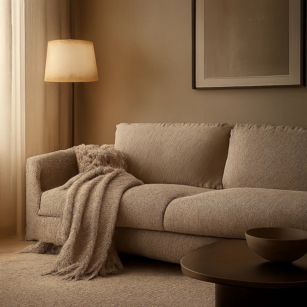 Un plaid premium mis en scène dans un salon élégant, pour illustrer le confort thermique et l’usage quotidien sur canapé. L’image met en avant une ambiance chaleureuse, sobre et haut de gamme.