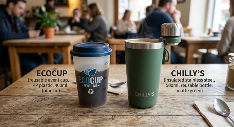 comparatif ecocup et tasse réutilisable sur une table